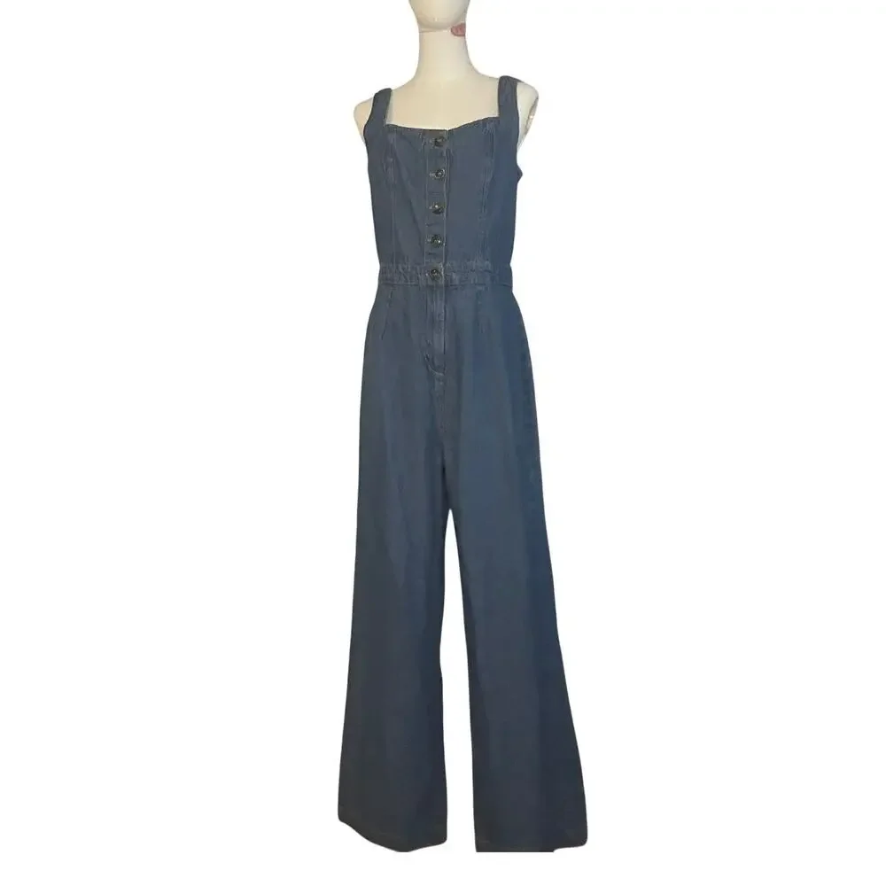 Sincerely Jules Denim Jumpsuit Blue L Wide Leg Button Front Y2K - Picture 10 of 16